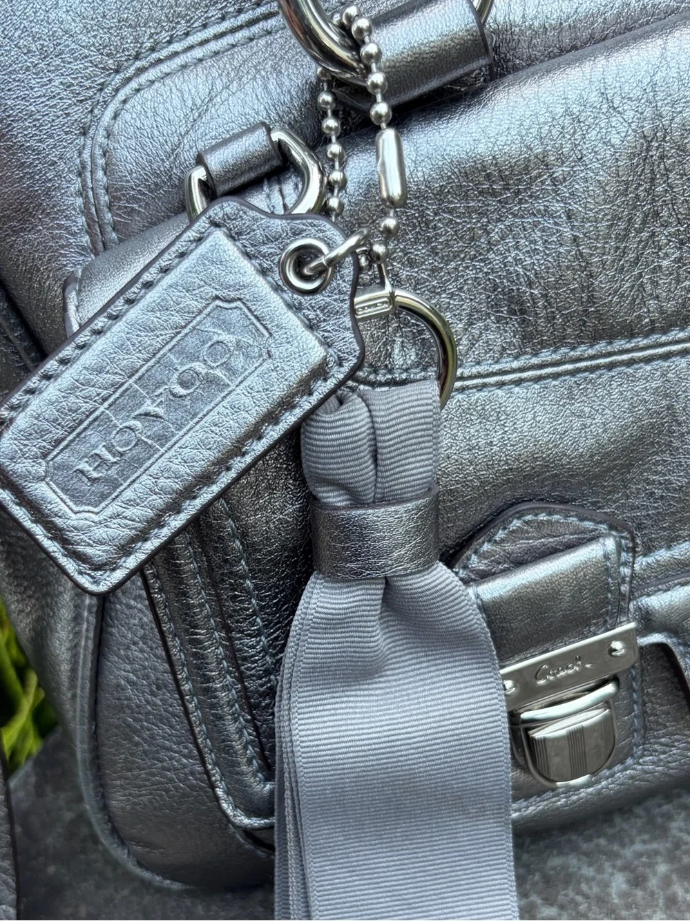 Coach Poppy Metallic Leather  Silver Pushlock Satchel 17888 With Crossbody Strap